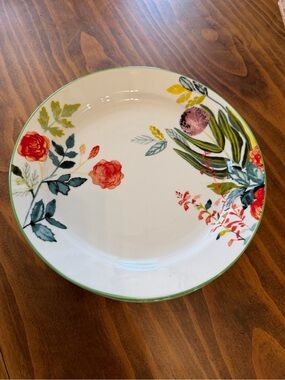 Michele Morin Anthropologie Porcelain Dinner Plate with Green Rim Floral Design